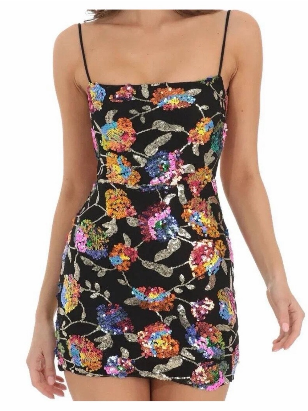 Lucy in the Sky Black Sequin Floral Mini Dress with Multicolor Embroidery